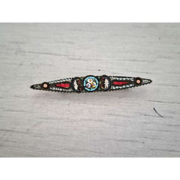 Vintage Millefiori Italian Glass Micro Mosaic Floral Inlaid Bar Brooch Pin - Picture 1 of 4